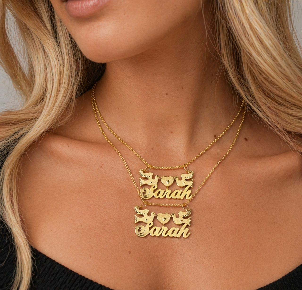 Peace Dove Love Heart Double-Layered Name Necklace