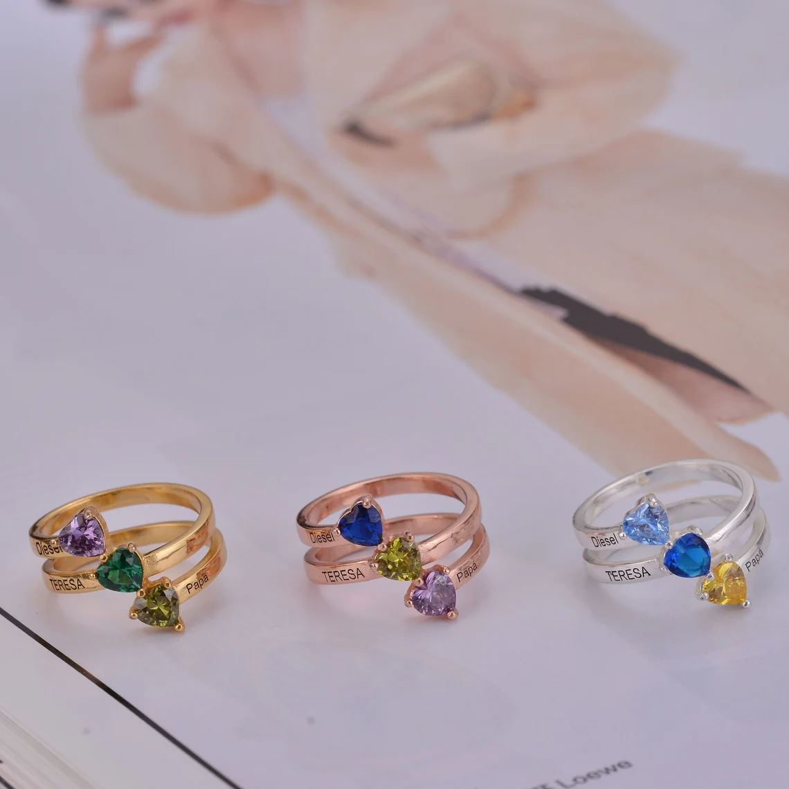 Custom Three Heart Birthstone Engraved Name Ring Family Ring