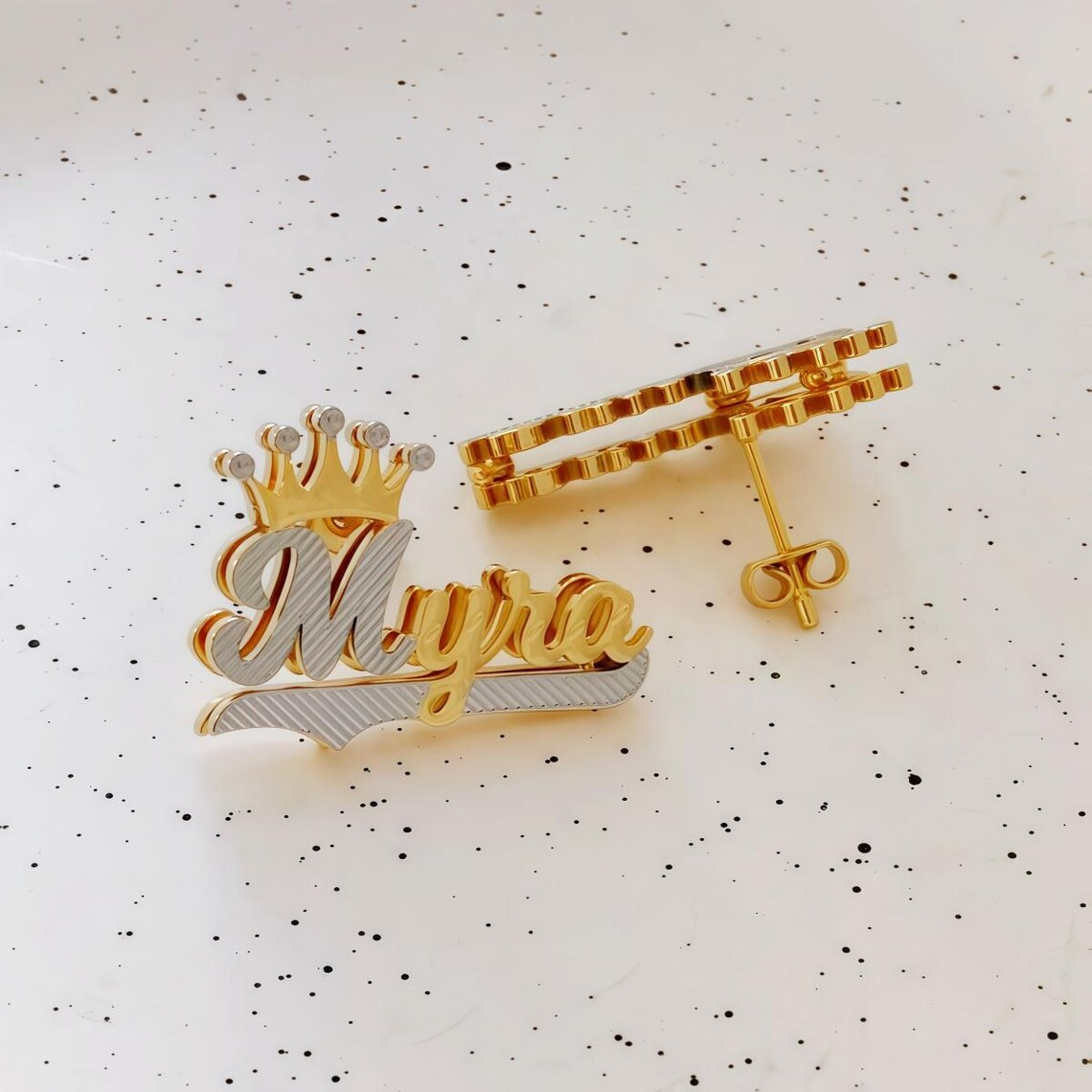 Customized Double Plate Crown Name Stud Earrings