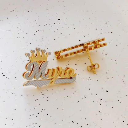 Customized Double Plate Crown Name Stud Earrings