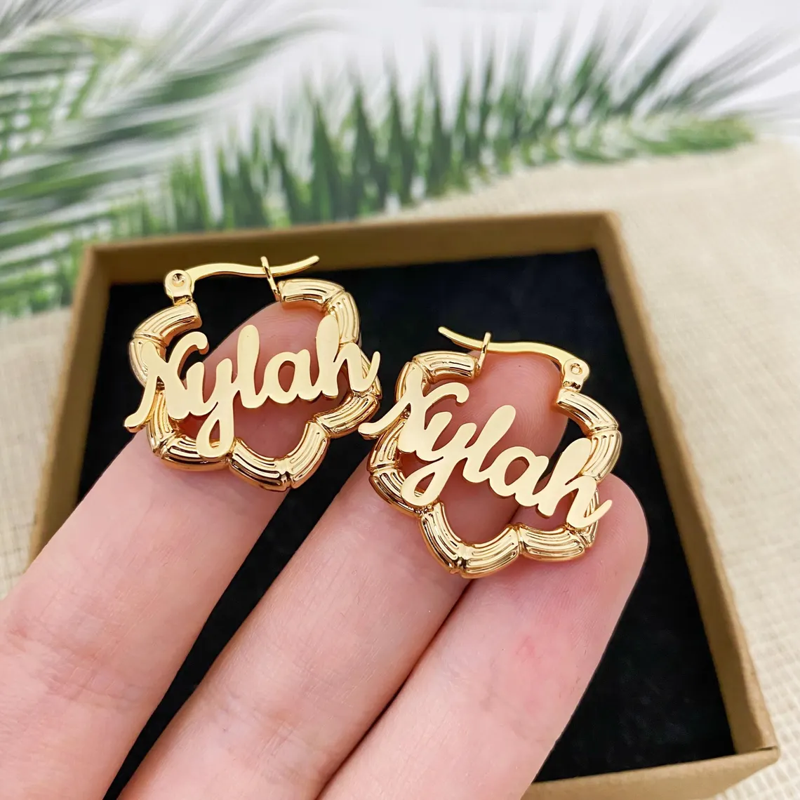 Mini Personalized Flower Hoop Nameplate Earrings Gold Plated