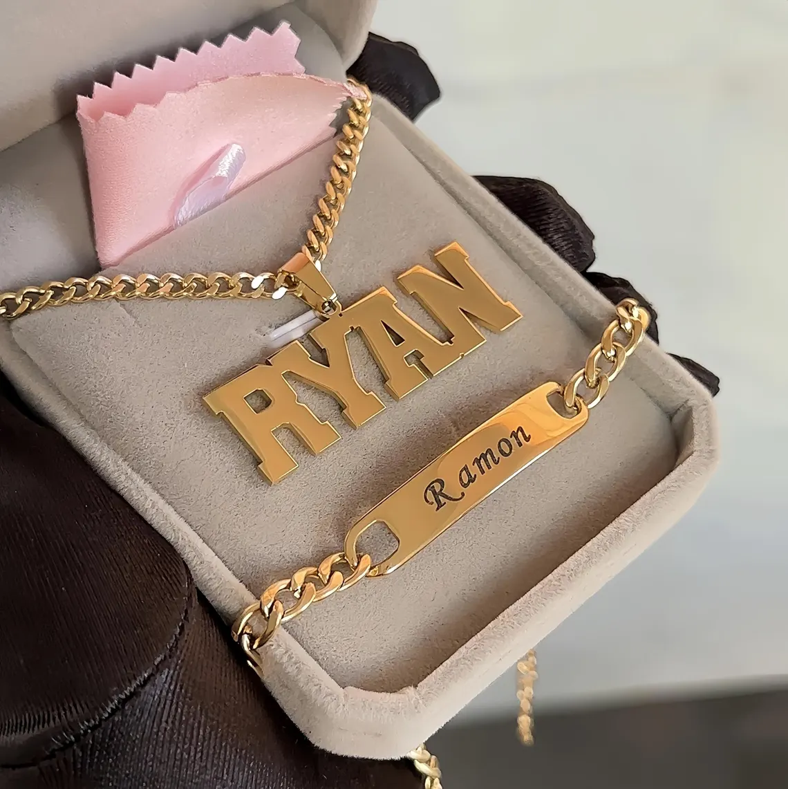 Customized Nameplate Pendant Necklace and Engraved ID Bracelet Set