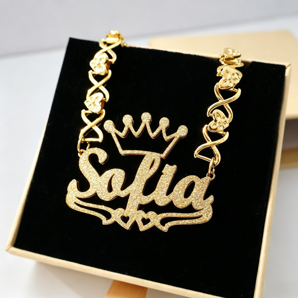 Xoxo Heart Chain Custom Golden Shiny Heart Crown Nameplate Necklace