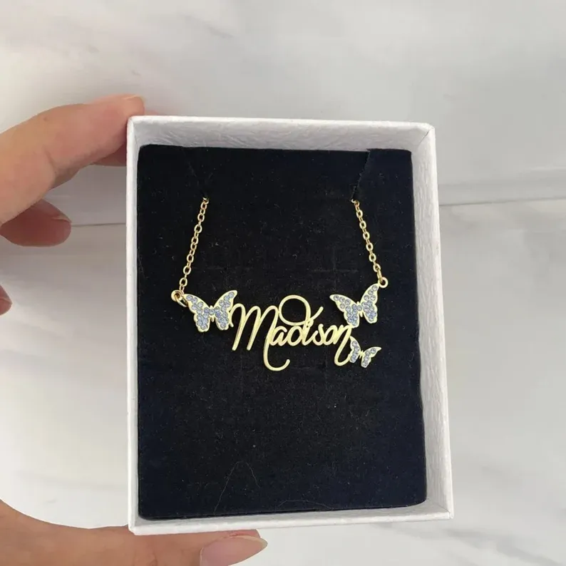 Butterfly Name Necklace & Bracelet Personalized Gold Jewelry Set