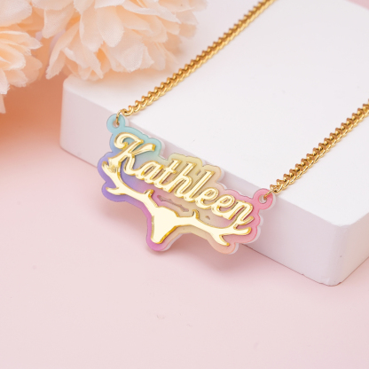 Antlers Deer Element Acrylic Personalized Name Necklace 