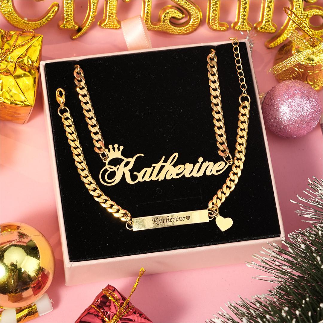Personalized Crown and Heart Name Necklace and Bar Bracelets for Babies Kids Set