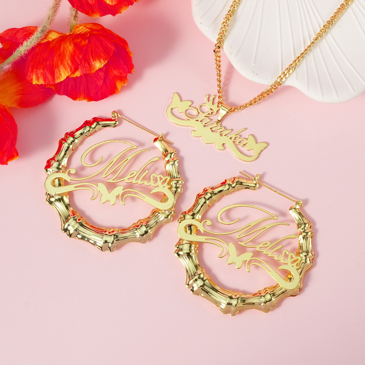 Butterfly Pendant Personalized Name Necklace Bamboo Earrings Set