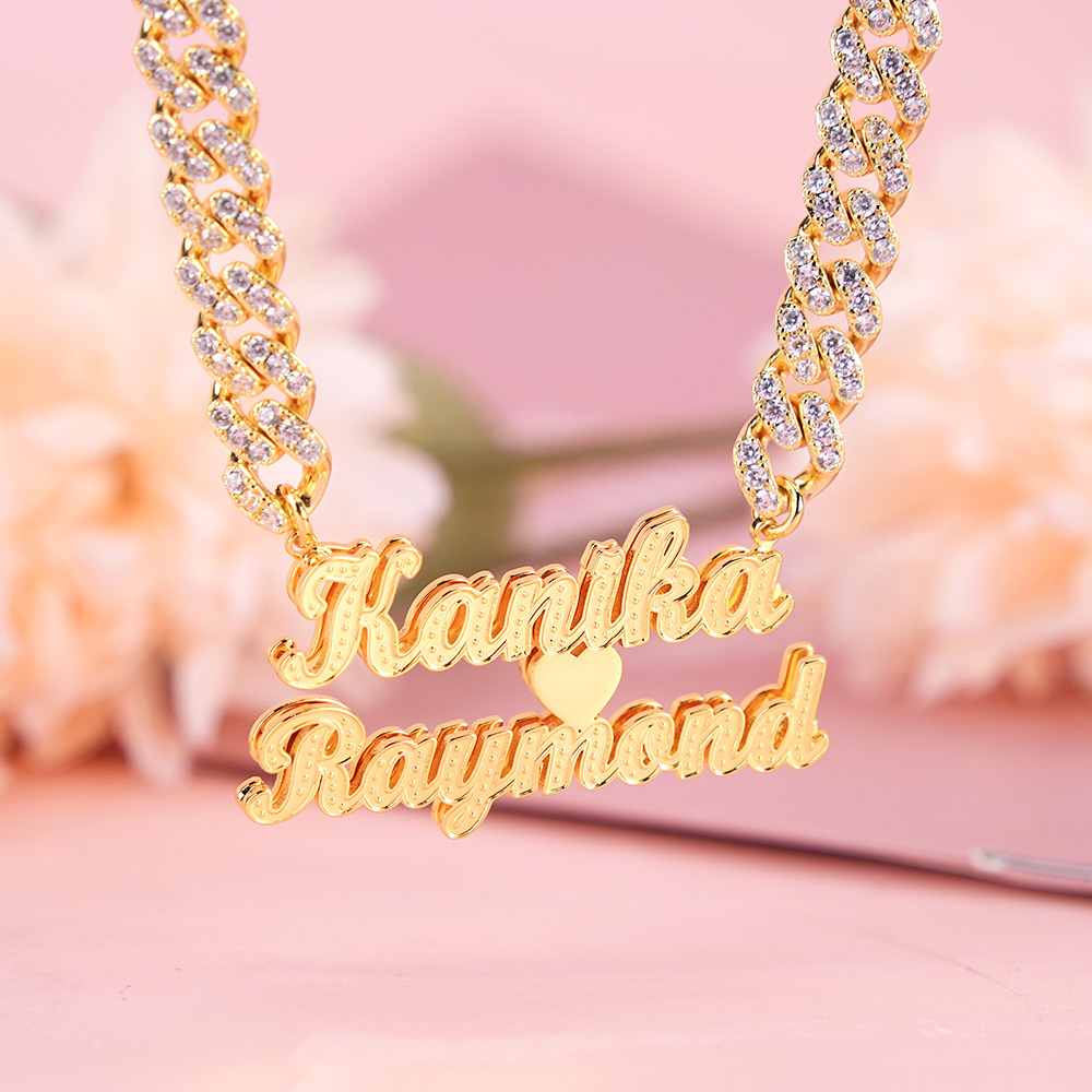 Iced Cuban Chain Two Names with Heart Custom Personalized Name Necklace Couple Gifts