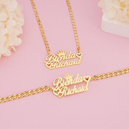 Two Names With Birthstones Personalized Name Necklace and Name Bracelet Couple Set