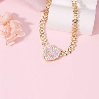 Pink Heart Charm Presidential Link Chain Watch Band Style Necklace
