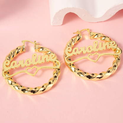 Heart Pendant Personalized Double Plated Name Necklace and Twist Hoop Name Earrings Jewelry Set