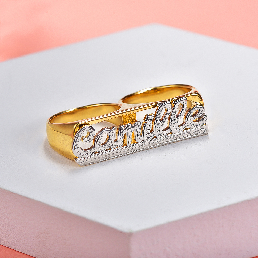 Two Finger Ring Personalized Gold Plated Name Ring