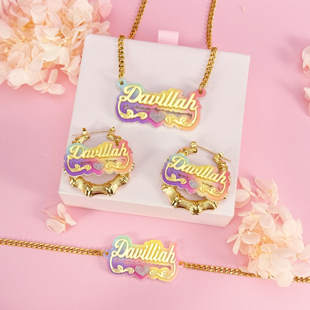 Personalized Colorful Acrylic Jewelry Set Custom Name Necklace and Bamboo Earrings