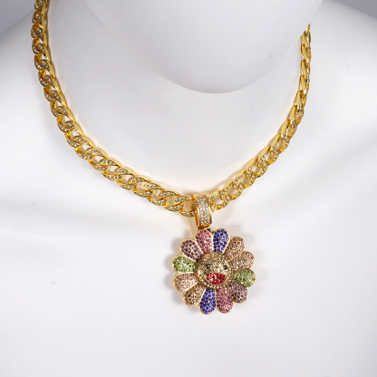 Sunflower Crystal Rotatable Iced Out Cuban Chain Hip-hop Necklace