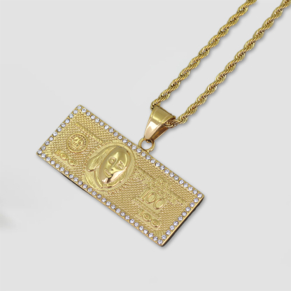 Zircon Hundred Dollar Bill Money Pendant Necklace