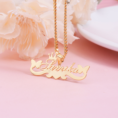 Butterfly Crown Two Hearts Necklace Personalized Custom Name Necklace 