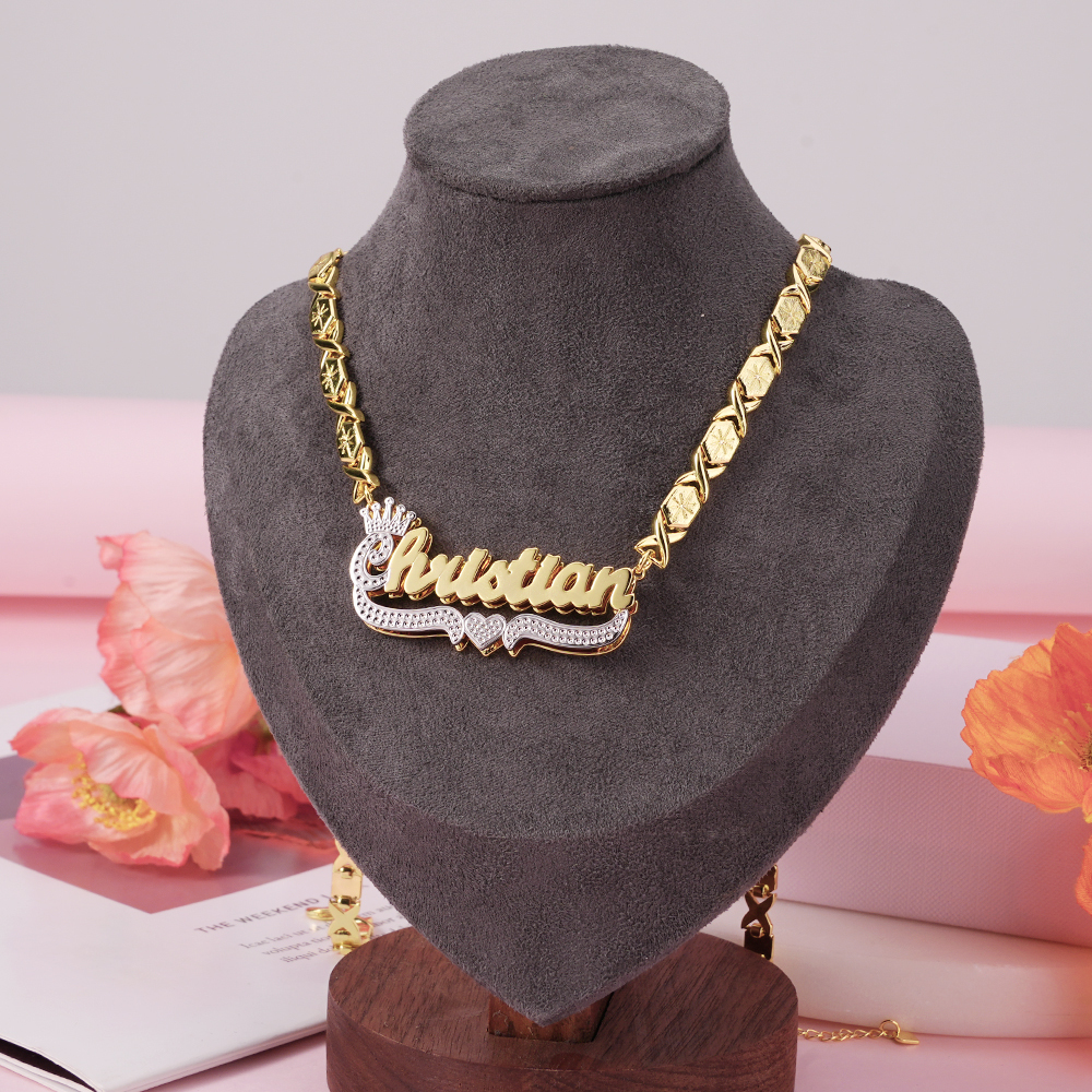 Two Tone Crown Nameplate with Heart XOXO Chain Personalized Name Necklace