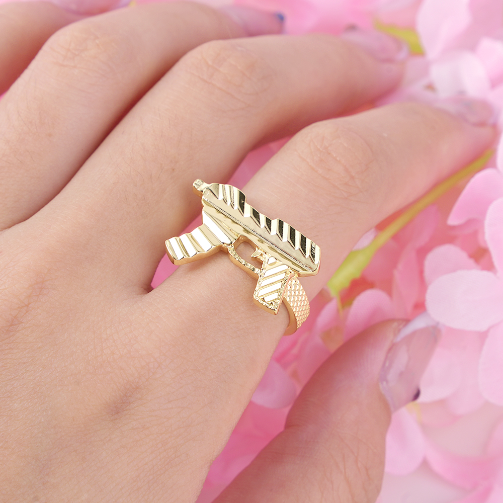 Gold Plated Diamond Cut UZI Gun Ring Personalized Engraved Ring 