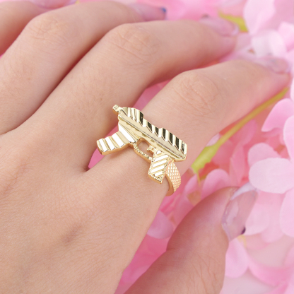 Gold Plated Diamond Cut UZI Gun Ring Personalized Engraved Ring 