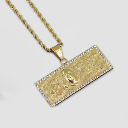 Zircon Hundred Dollar Bill Money Pendant Necklace