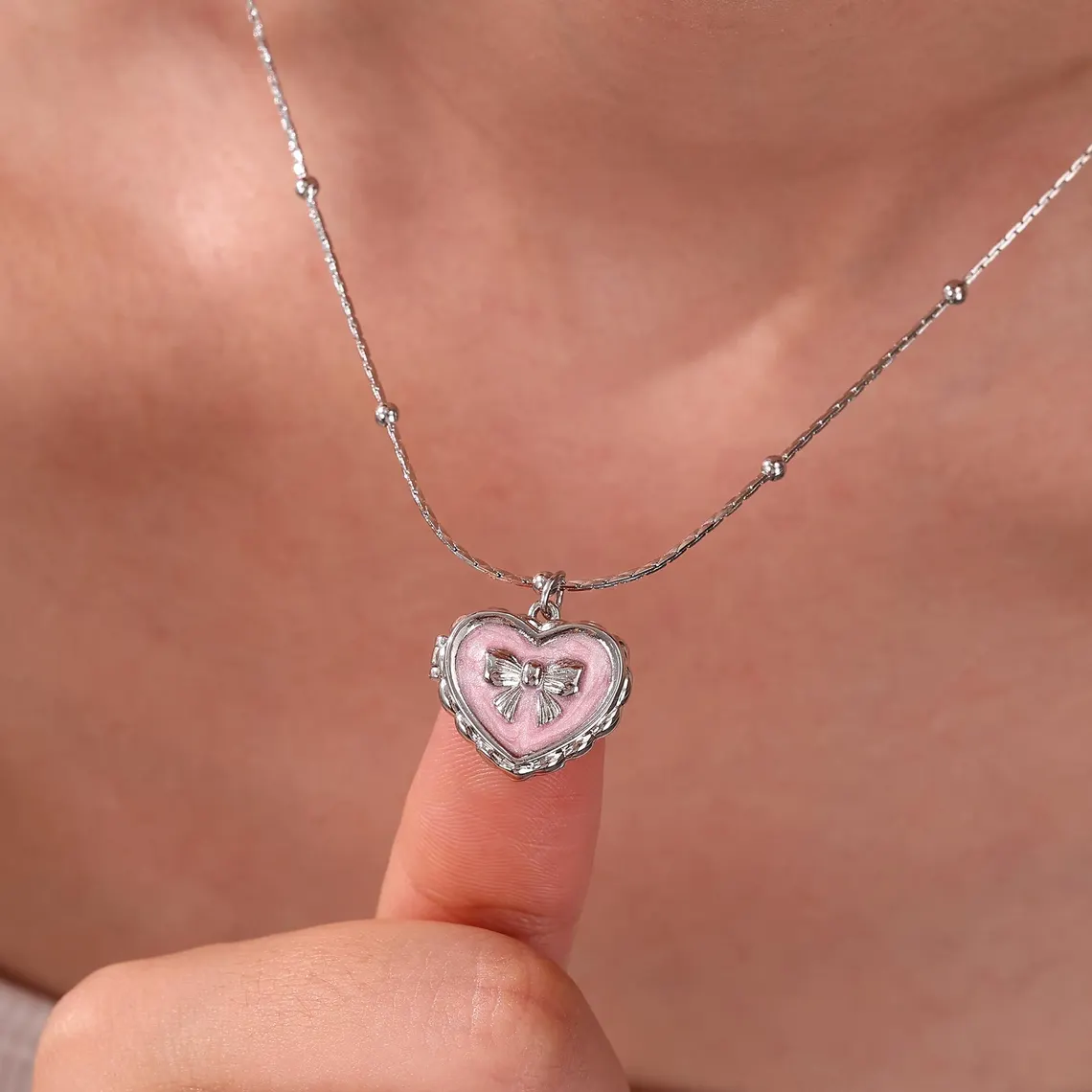 Personalized Dainty Heart Ribbon Bowtie Locket Photo Pendant Necklace