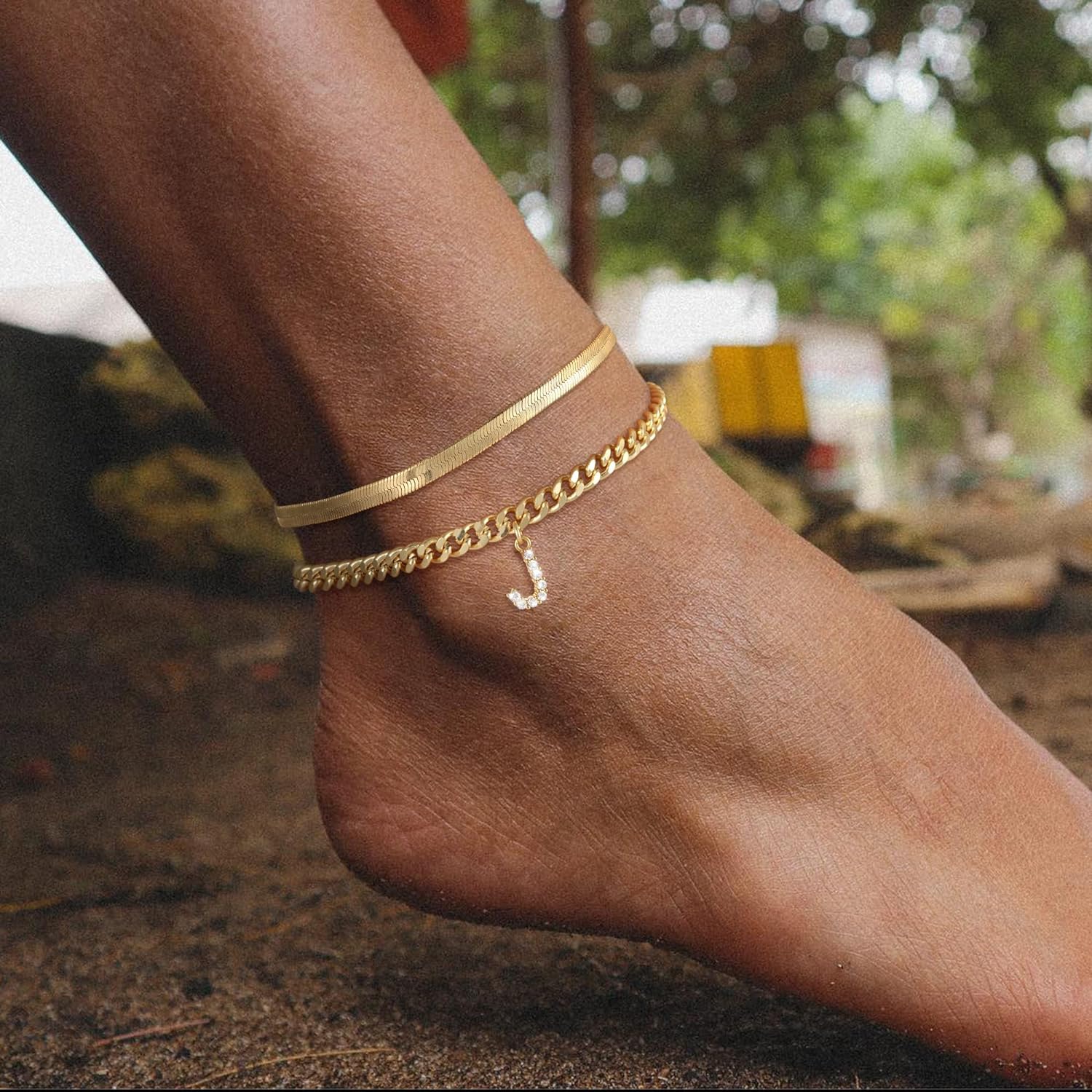 Gold Plated Layered Snake Cuban Link Anklet And Custom Initial Anklet