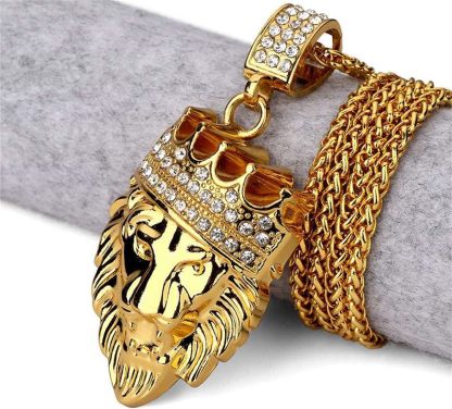 Gold Plated Crown Lion Head Pendant Iced Out Hip Hop Necklace