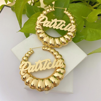 Custom Chunky Bamboo Hoop Earrings with Nameplate