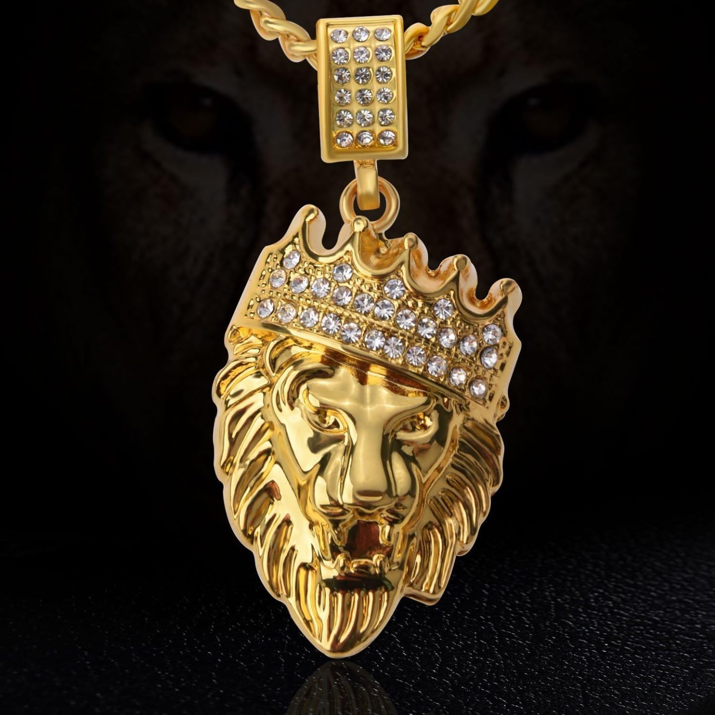 Gold Plated Crown Lion Head Pendant Iced Out Hip Hop Necklace