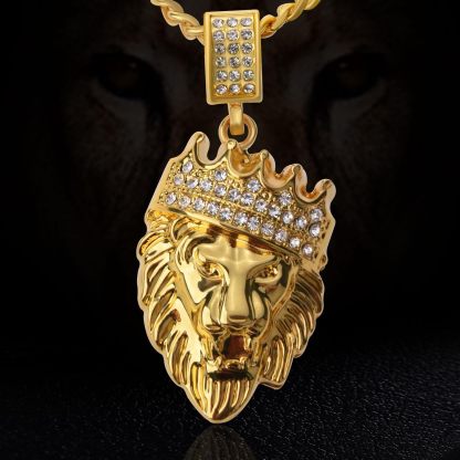 Gold Plated Crown Lion Head Pendant Iced Out Hip Hop Necklace