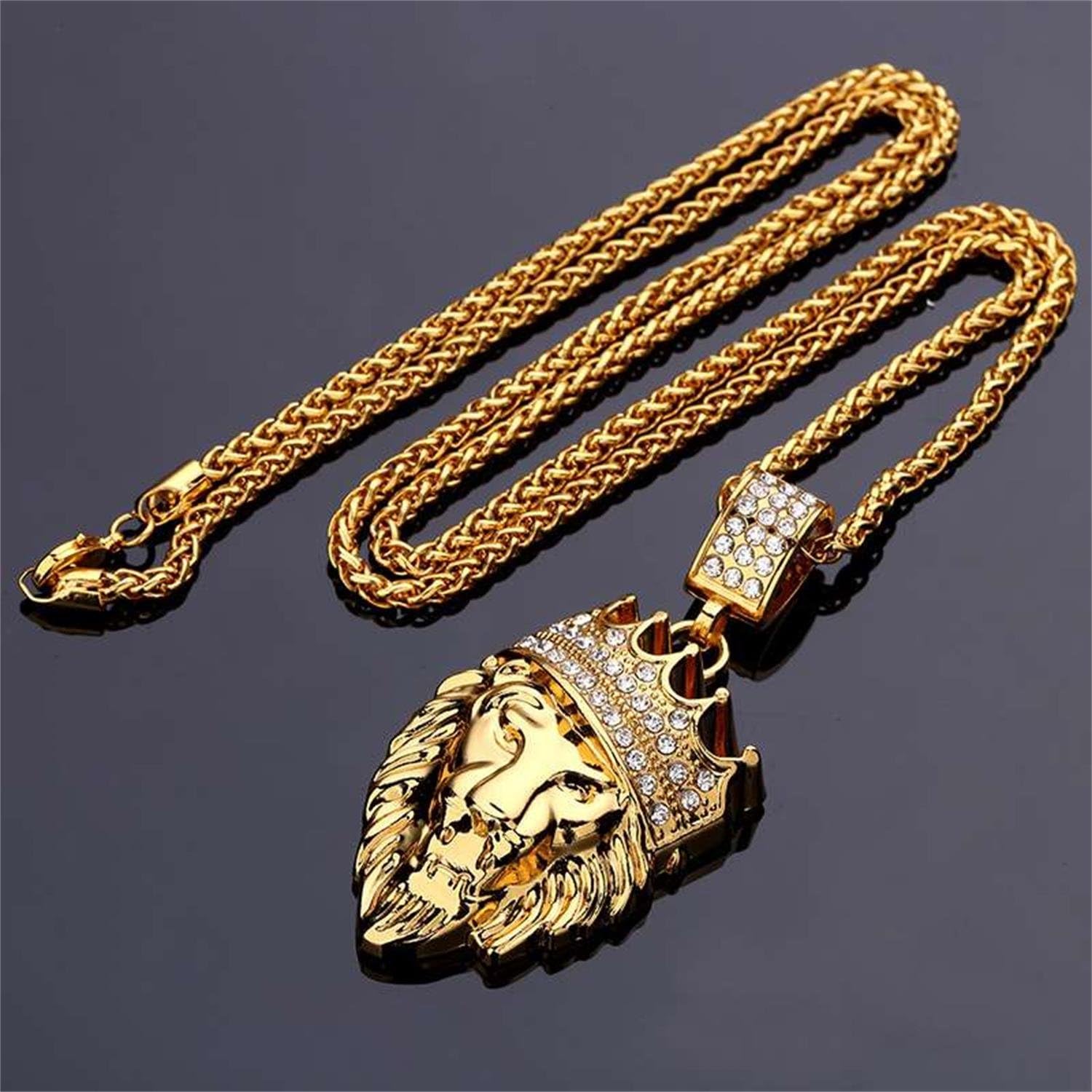 Gold Plated Crown Lion Head Pendant Iced Out Hip Hop Necklace