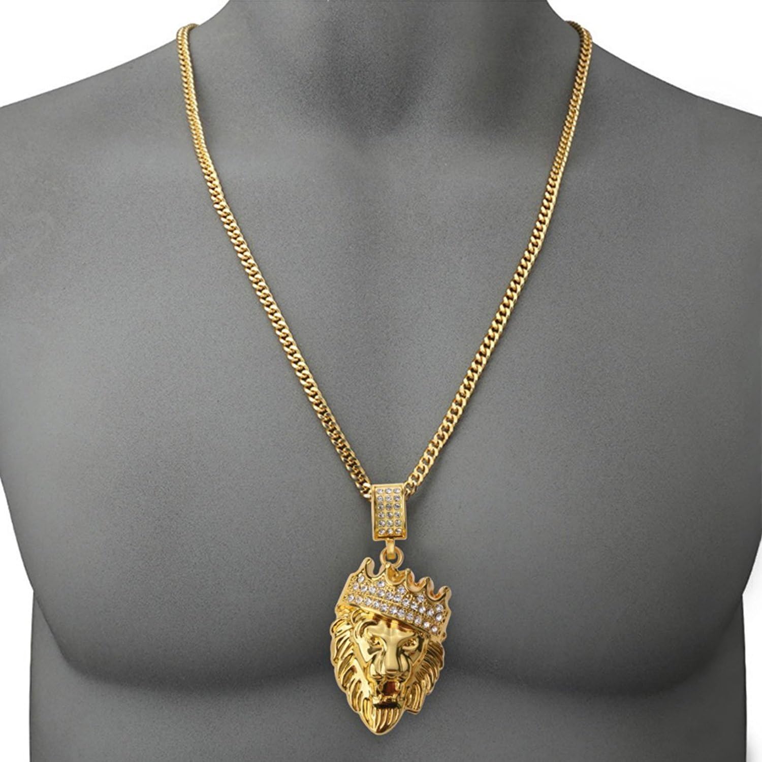 Gold Plated Crown Lion Head Pendant Iced Out Hip Hop Necklace
