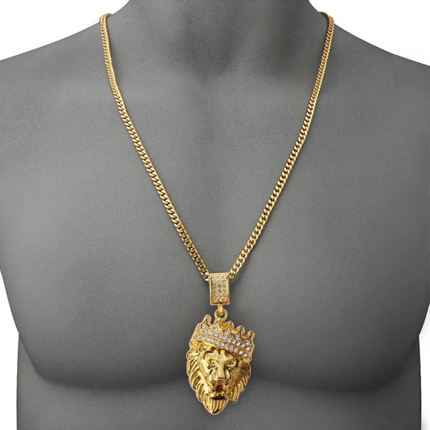 Gold Plated Crown Lion Head Pendant Iced Out Hip Hop Necklace
