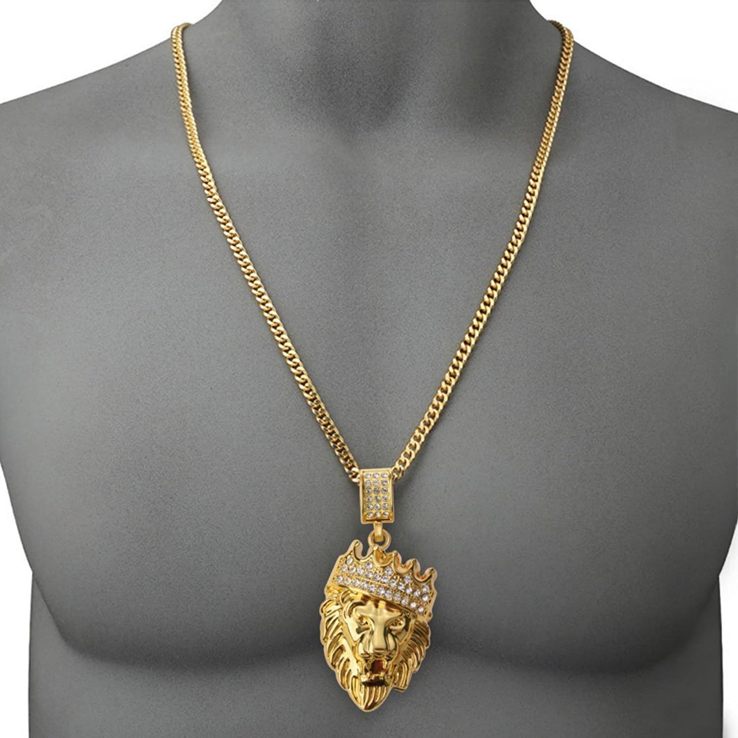 Gold Plated Crown Lion Head Pendant Iced Out Hip Hop Necklace