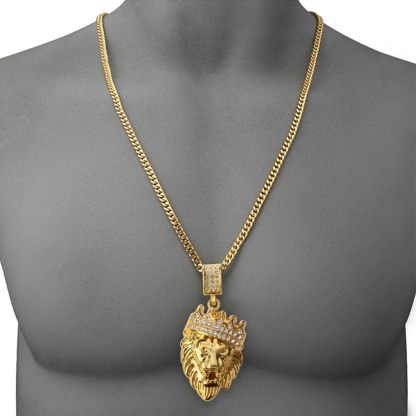 Gold Plated Crown Lion Head Pendant Iced Out Hip Hop Necklace