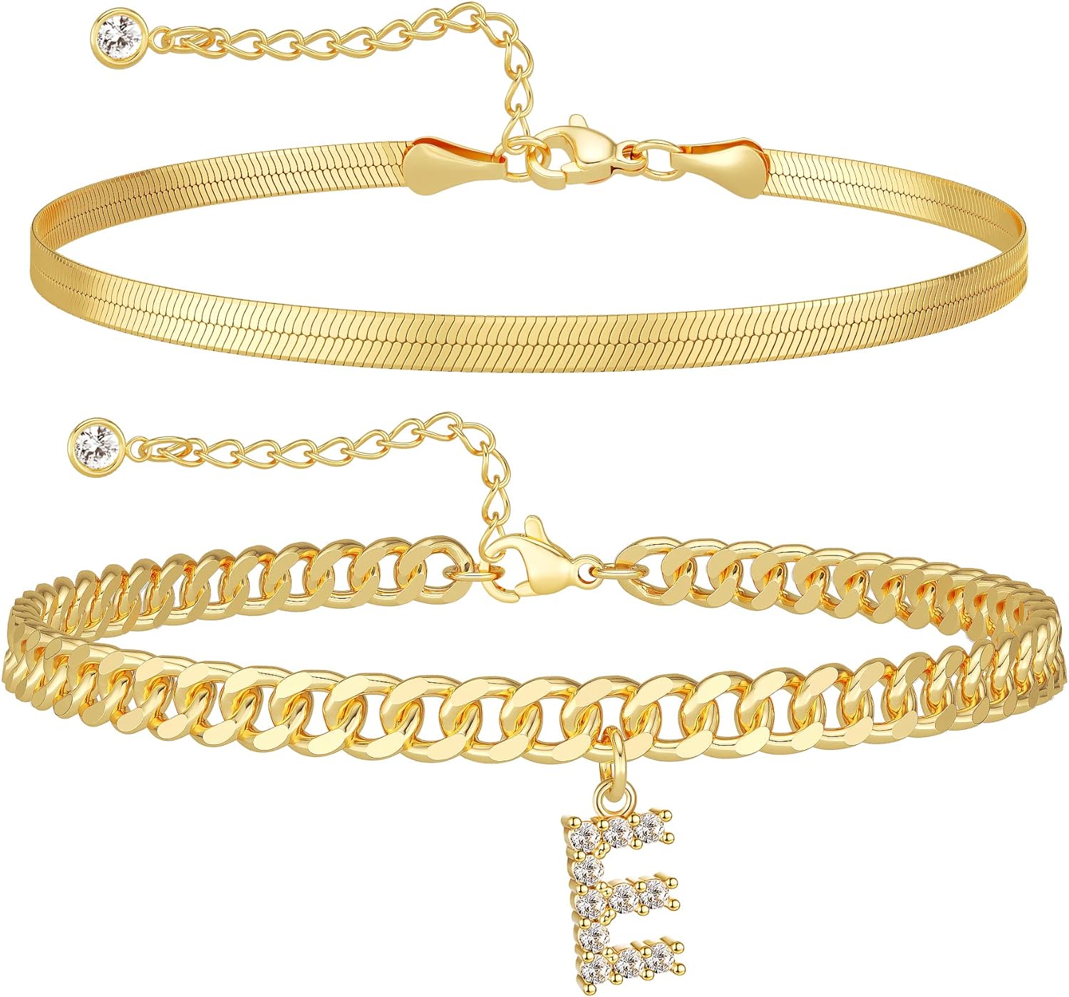 Gold Plated Layered Snake Cuban Link Anklet And Custom Initial Anklet