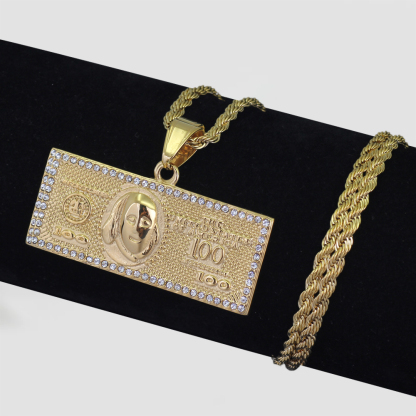 Zircon Hundred Dollar Bill Money Pendant Necklace