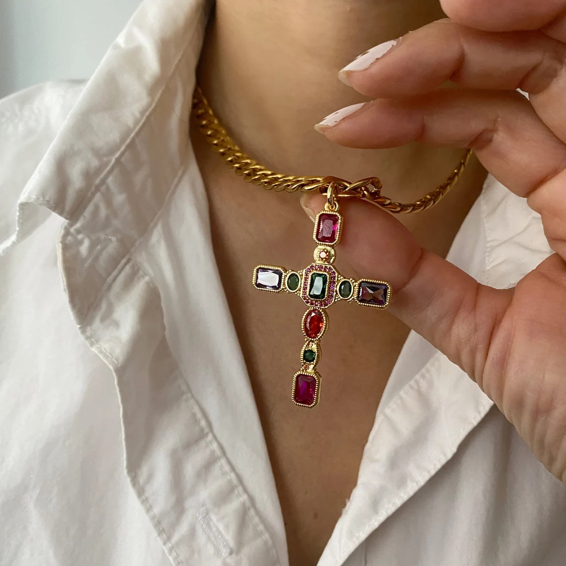 Chunky Colorful Gemstone Big Cross Pendant Necklace