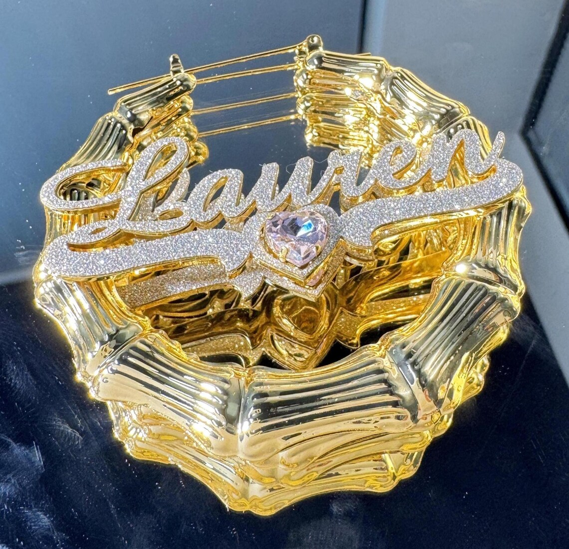 Shiny Heart Birthstone Personalized Name Necklace and Bamboo Earrings Set