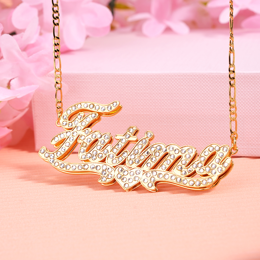 Double Layer Heart Inlaid Zircon Personalized Custom Gold Plated Name Necklace
