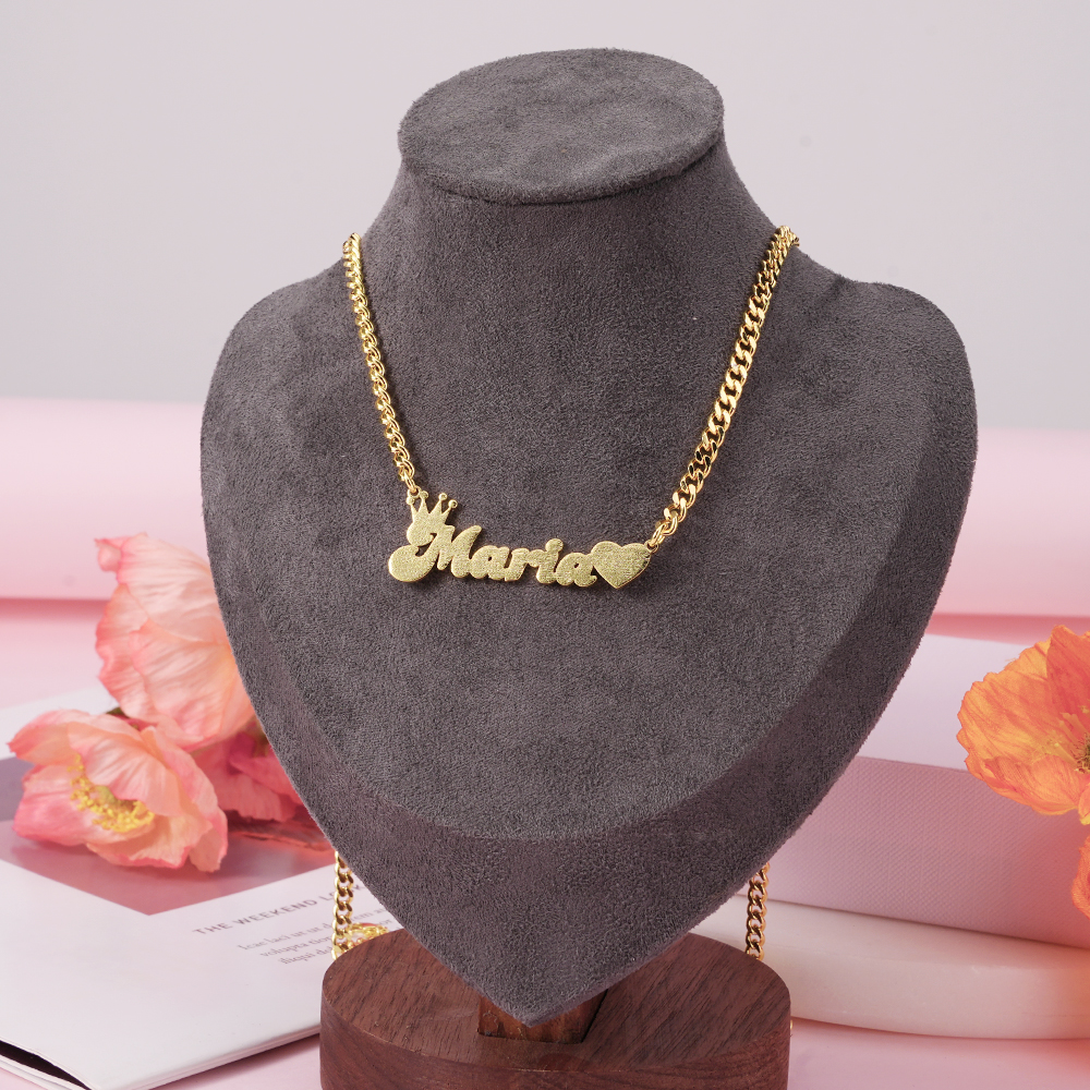 Bling Crown Heart Set Personalized Name Necklace And Hoop Earrings 2pcs Set