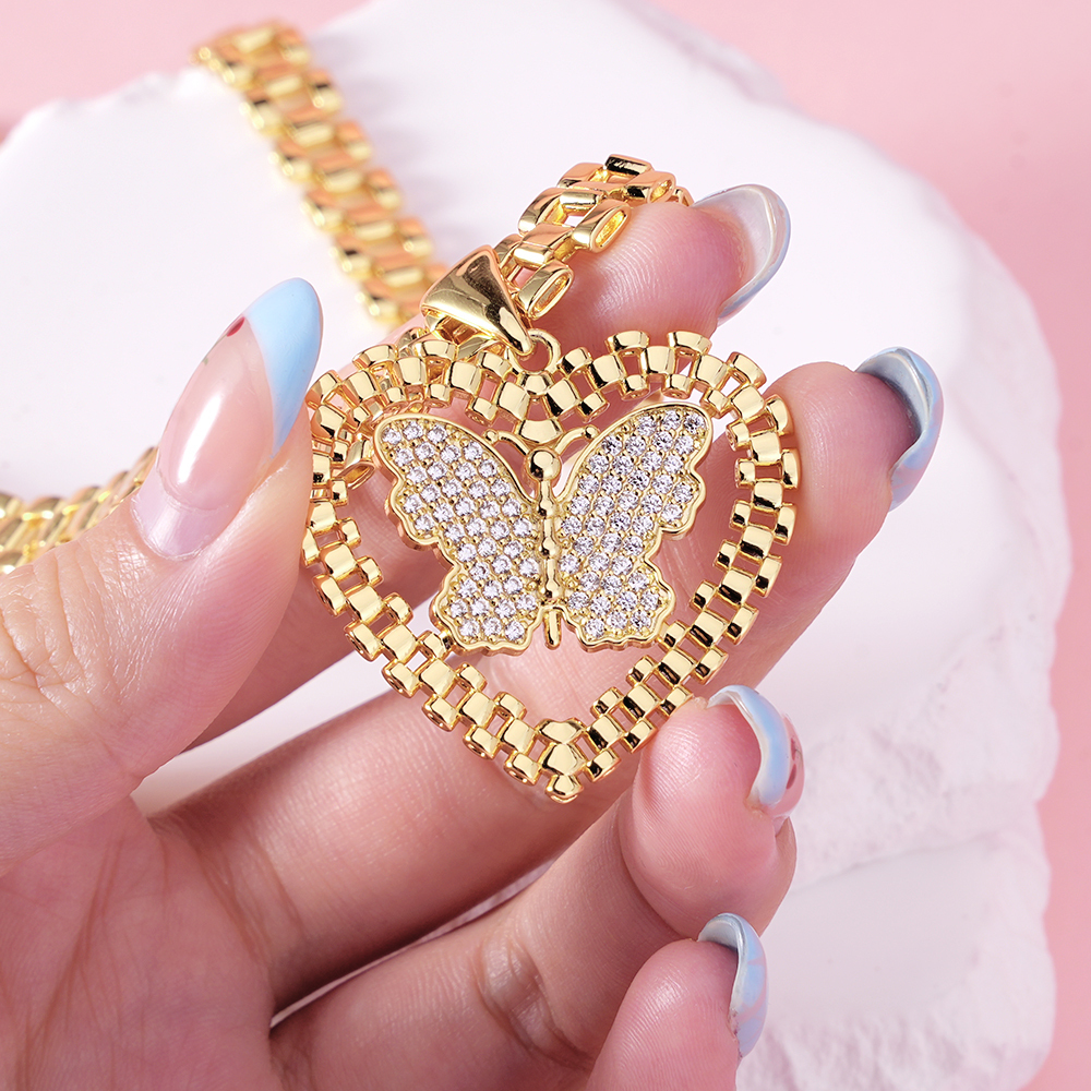 Heart Pendant With Butterfly Rx Watch Band Chain Necklace