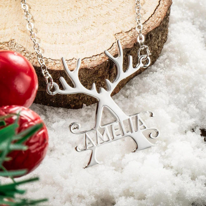 Chirstmas Elk Big Initial with Nameplate Necklace Holiday Gifts