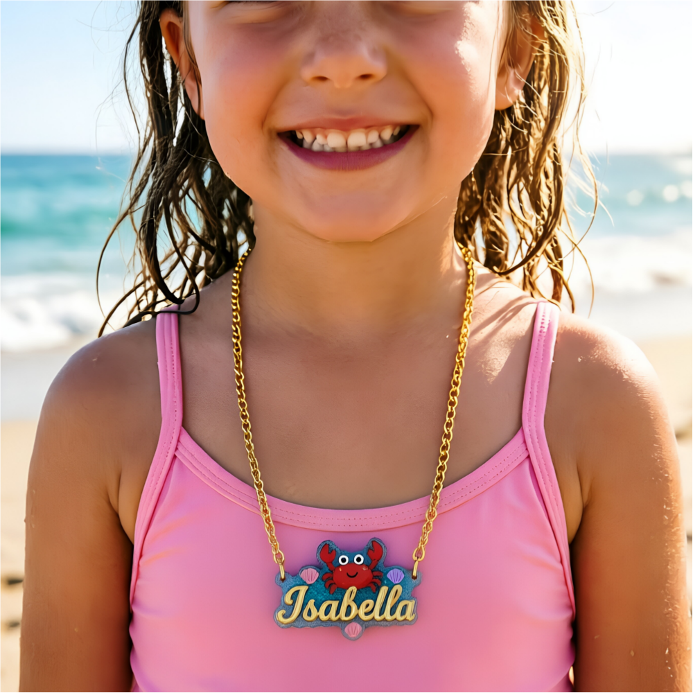 Personalized Acrylic Cute Crab and Shell Namplate Necklace Summer Jewelry