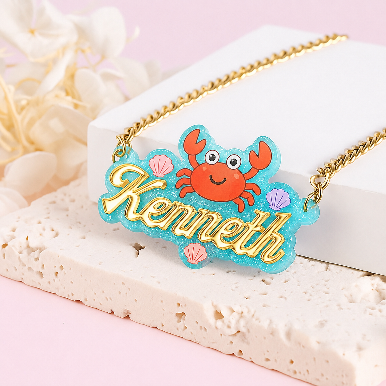 Personalized Acrylic Cute Crab and Shell Namplate Necklace Summer Jewelry