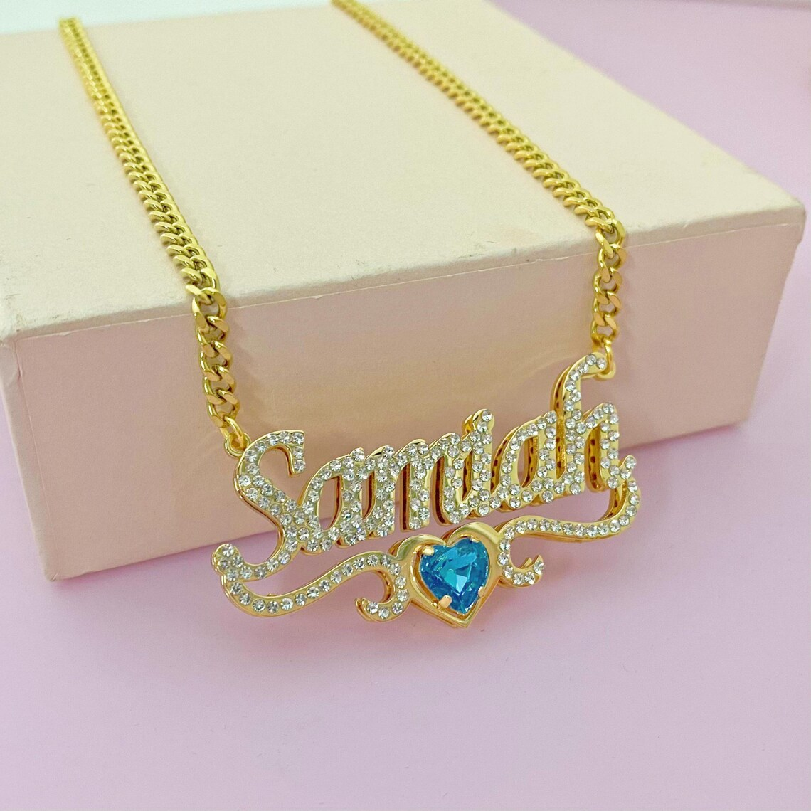 Shiny Heart Birthstone Double Layer Zircon Name Necklace Birthday Gift