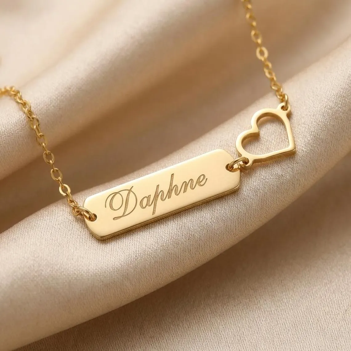 Personalized Heart Engraved Name Necklace Bar Necklace