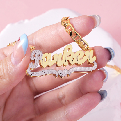 Heart Set Custom Double Plate Two Tone Necklace And Hoop Name Earrings