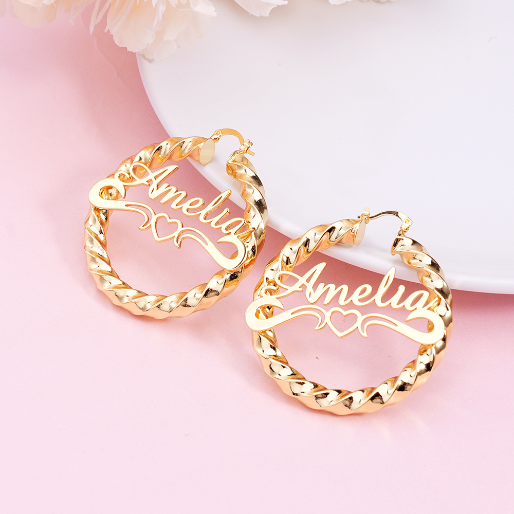 Personalized Custom Heart Gold Plated Twist Hoop Name Earring
