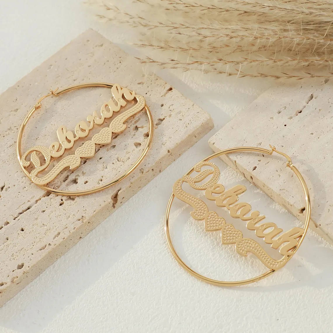Double Hearts Nameplate Personalized Hoop Earrings